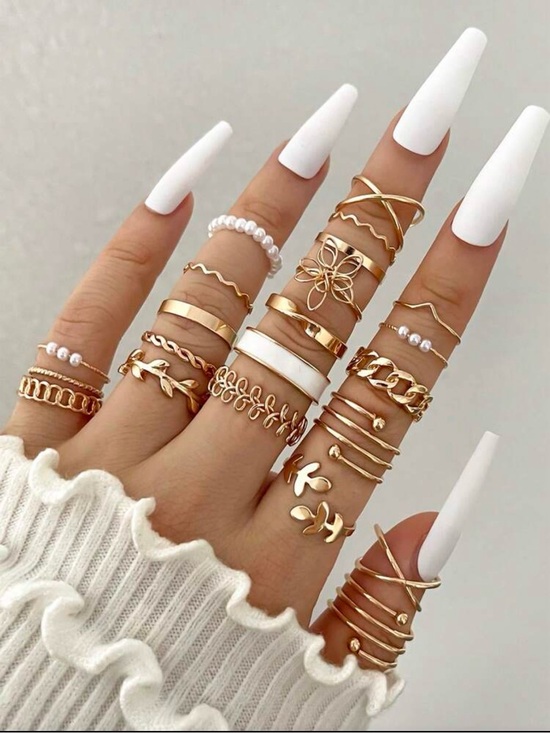 Jewelry - Bohemian 22pc Yellow Gold pave Floral Pearl Ring stack Set viral 🍁 leaf Jewel 🌸